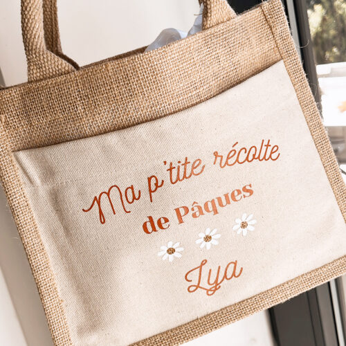 Magnifique sac en toile de jute personnalisé pour la récolte de Paques